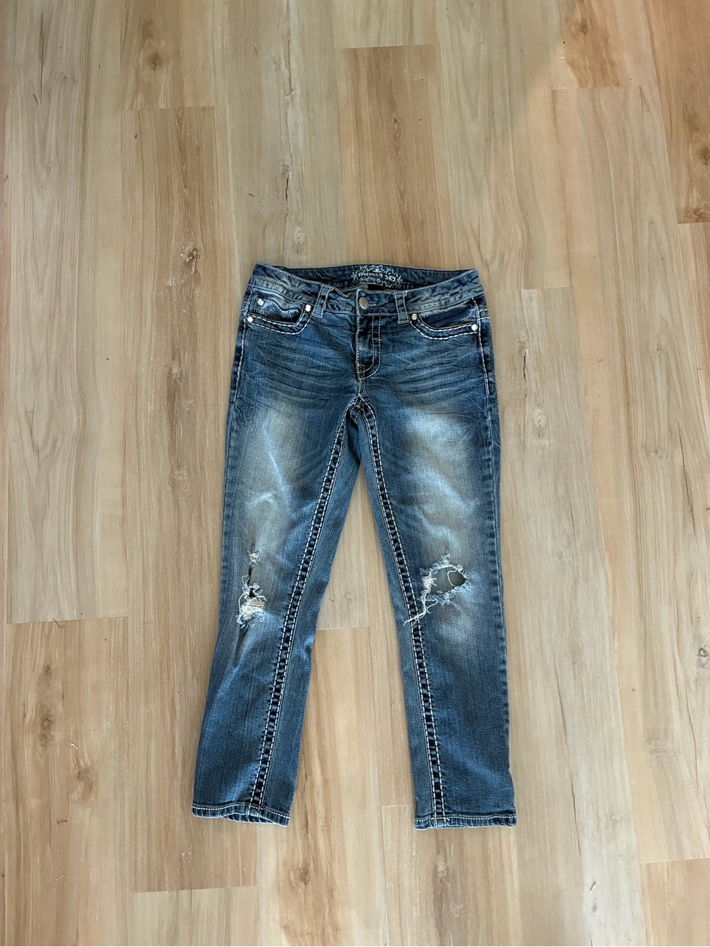 Paisley Sky Distressed Blue Capris with Whiskering
